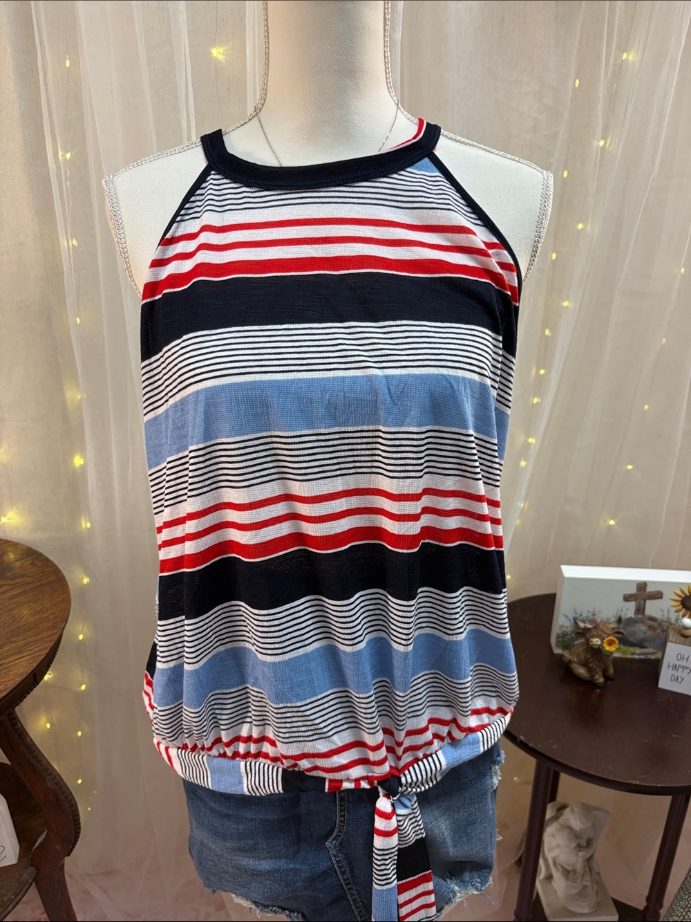 SJS Striped Halter Tie-Front Tank Top in Red, Blue & Black - Picture 1 of 7